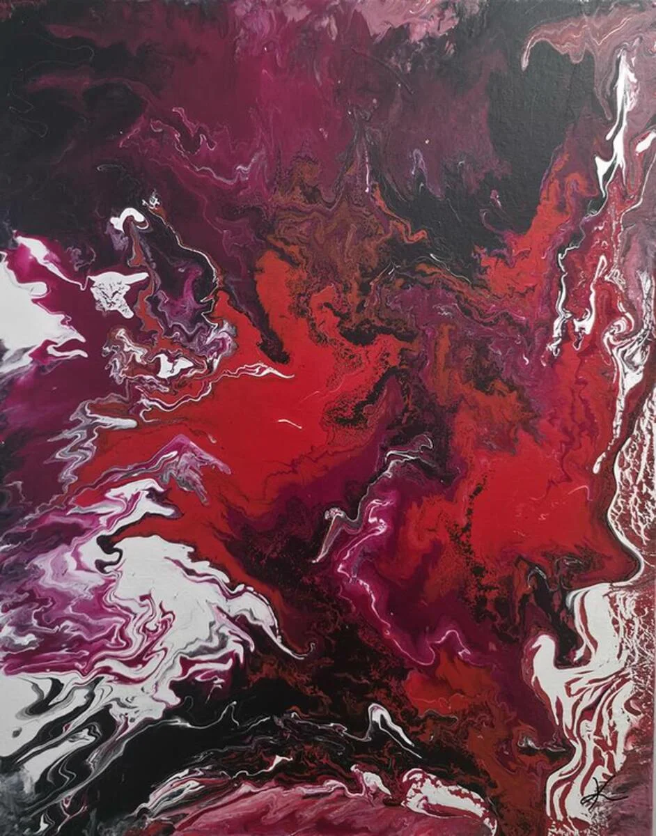 Purplerane, a painting of crimson, white and silver currents